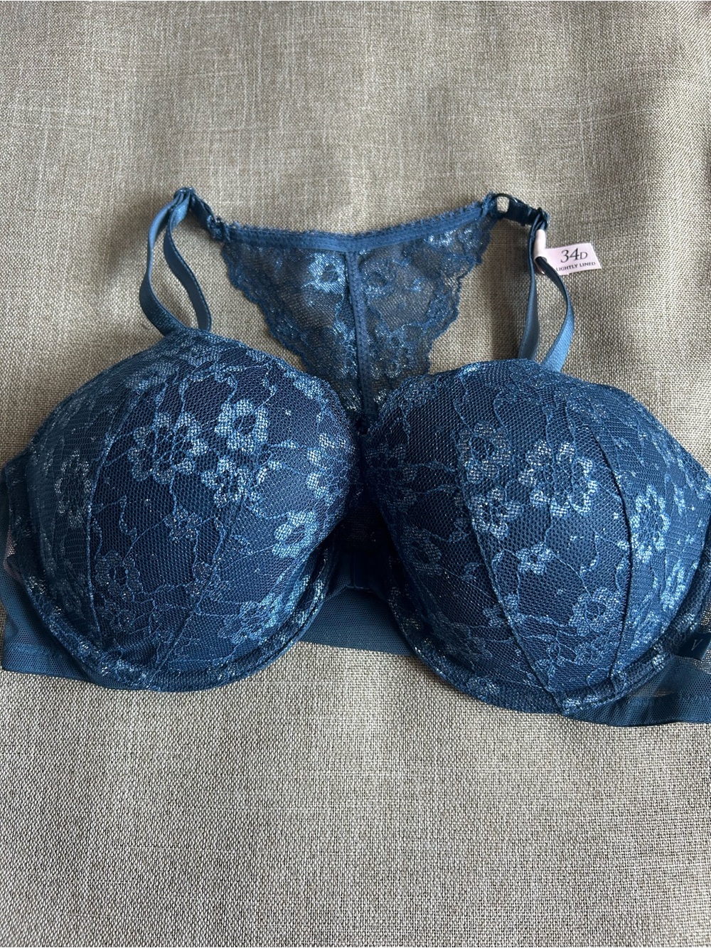 Victoria's Secret Navy Lace Racerback Lightly Padded Bra Front Closure 34D